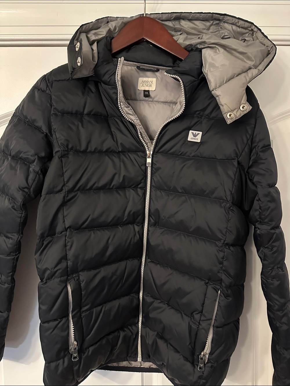 Armani Junior Black Quilted Puffer Jacket with Light Gray Lining
